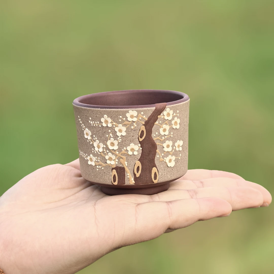 原矿紫泥双泥料手绘堆绘梅花功夫茶具品茗主人杯100cc