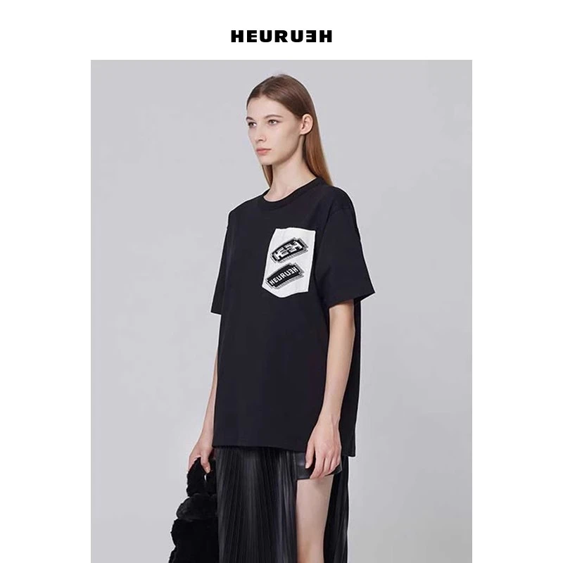 HEURUEH提花针织口袋设计100%棉短袖t恤女宽松上衣内搭打底衫