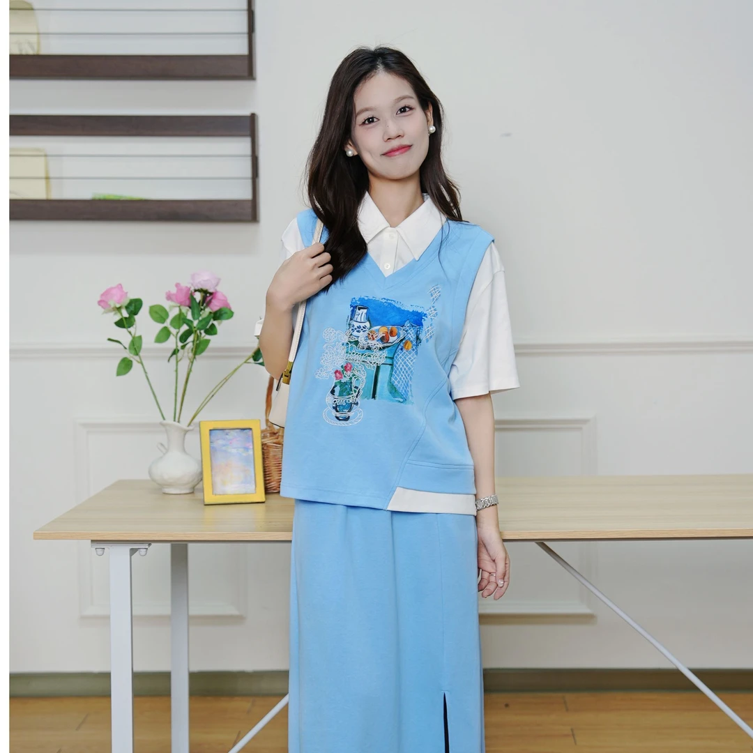 两三事异梦空间 2025夏季新款小清新拼色印花上衣半身裙两件套女