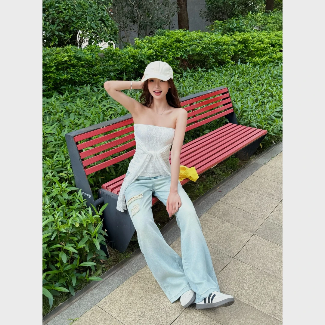 2025夏季宽松垂感直筒显瘦阔腿拖地裤莱赛尔破洞新款薄款牛仔裤女