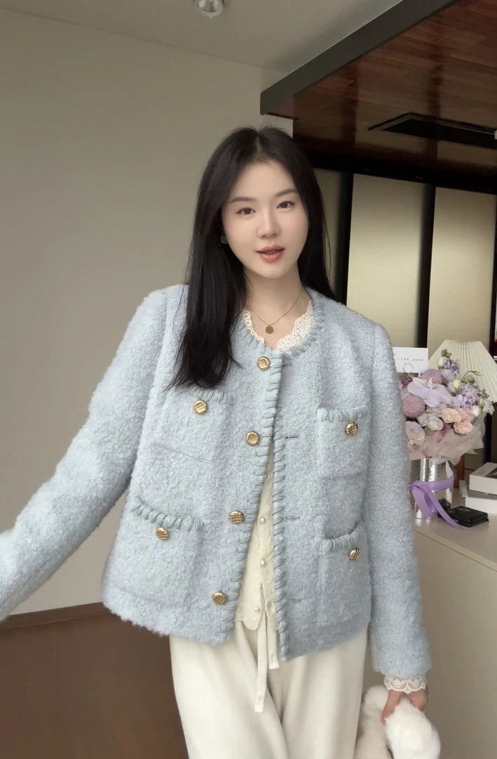 罗湖蓝羽绒服/轻奢90白鸭绒小香风短外套混色粗花呢2025年冬季