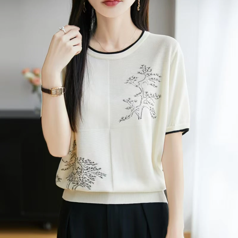 夏季新款国风时尚百搭气质～圆领天丝精纺绘画拼色短袖T恤