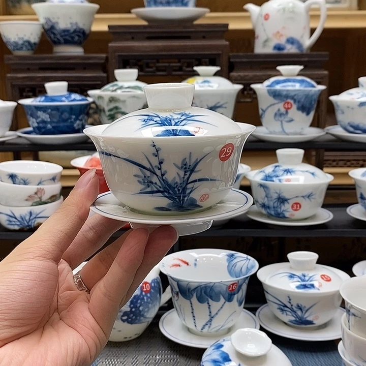 手绘兰花150cc盖碗釉下彩高温瓷微瑕福利款