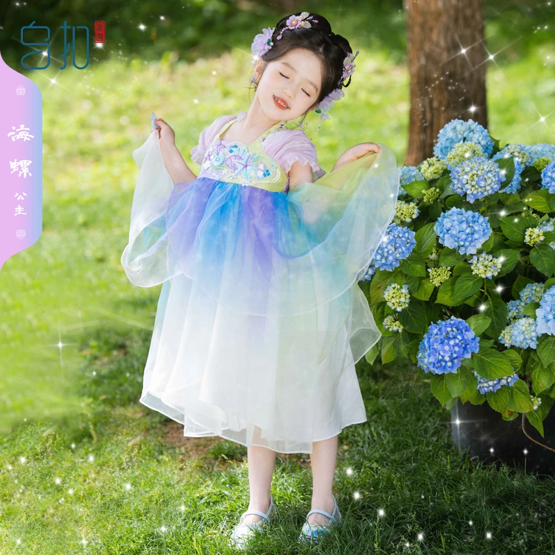 乌扣海螺公主 汉服女童夏季薄款儿童短袖超仙襦裙古风连衣裙夏装