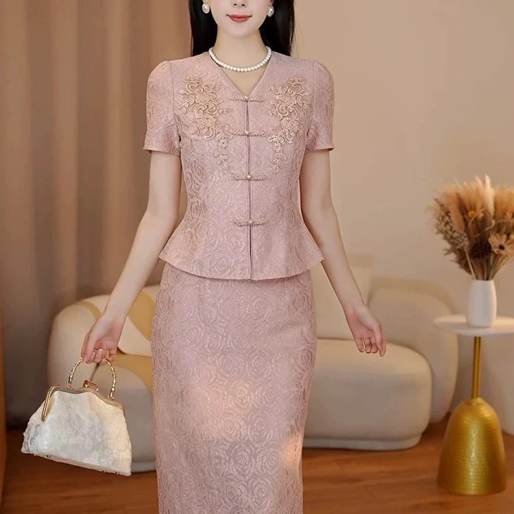 印花新中式铅笔裙高开衩纯色薄款短袖V领泡泡袖旗袍