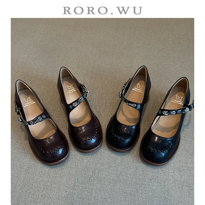 娆娆吴·头层手抓羊皮精致下线复古高跟一字扣玛丽珍英伦单鞋A89