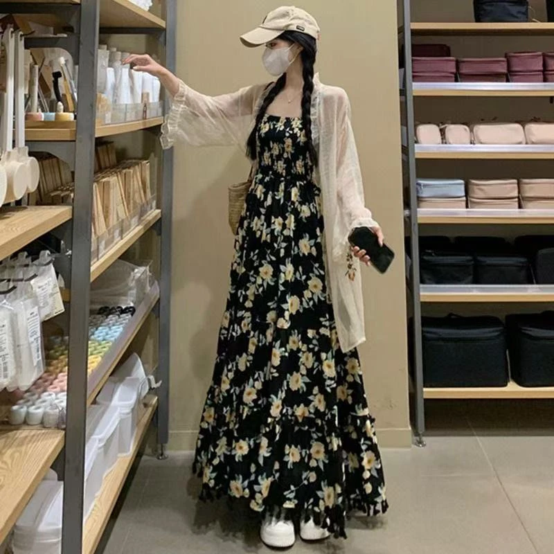 套装女夏季新中式高级感法式新款气质收腰碎花吊带连衣裙两件套装