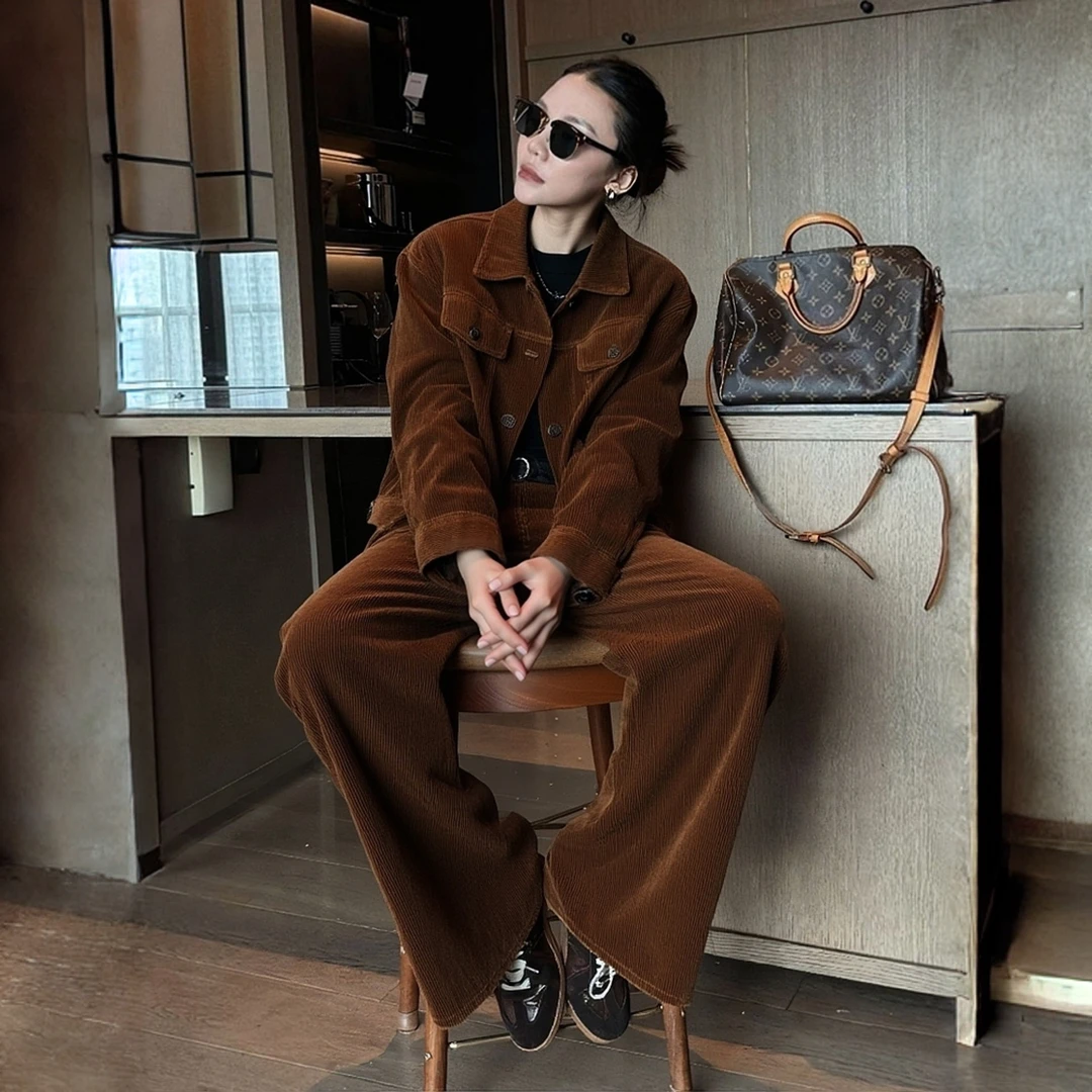 法式气质穿搭一整套高级感复古美拉德咖色灯芯绒外套阔腿裤套装秋