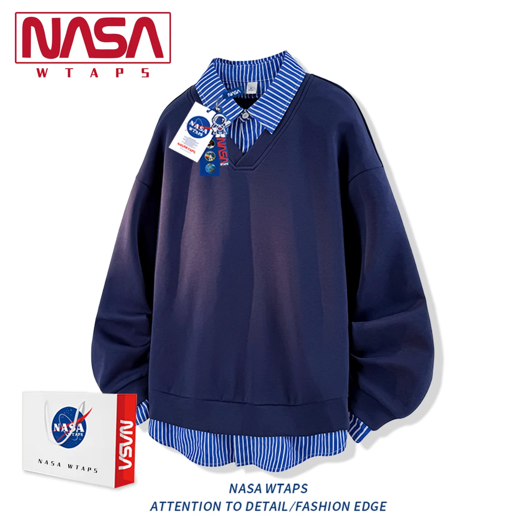 NASA WTAPS假两件重磅条纹卫衣男士秋季美式宽松休闲POLO衫长袖男