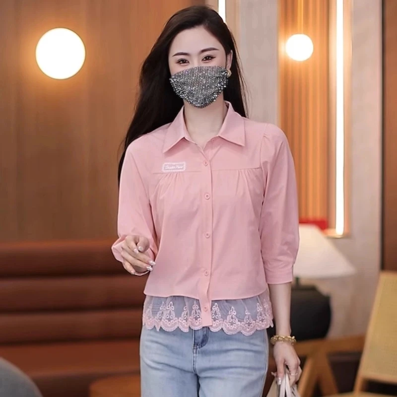 时尚设计感蕾丝拼接衬衫女2025春季新款洋气质减龄衬衣七分袖上衣