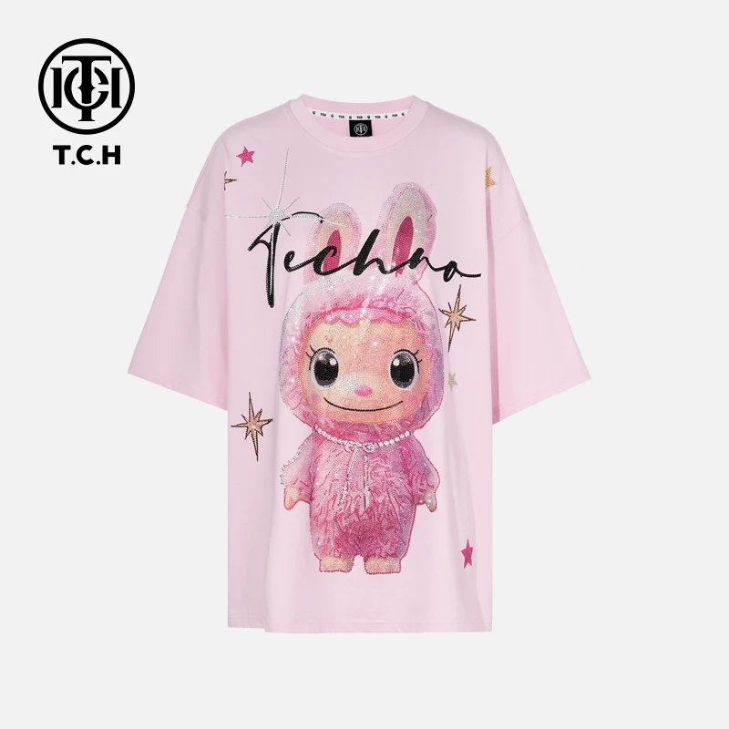 TCH轻奢卡通烫钻街头潮酷宽松圆领短袖T恤T75C10E9047私服tch