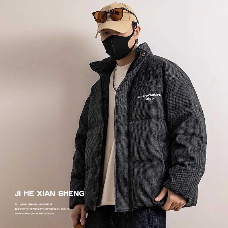 美式迷彩黑面包羽绒服男冬季短款立领休闲潮牌加厚保暖白鸭绒外套