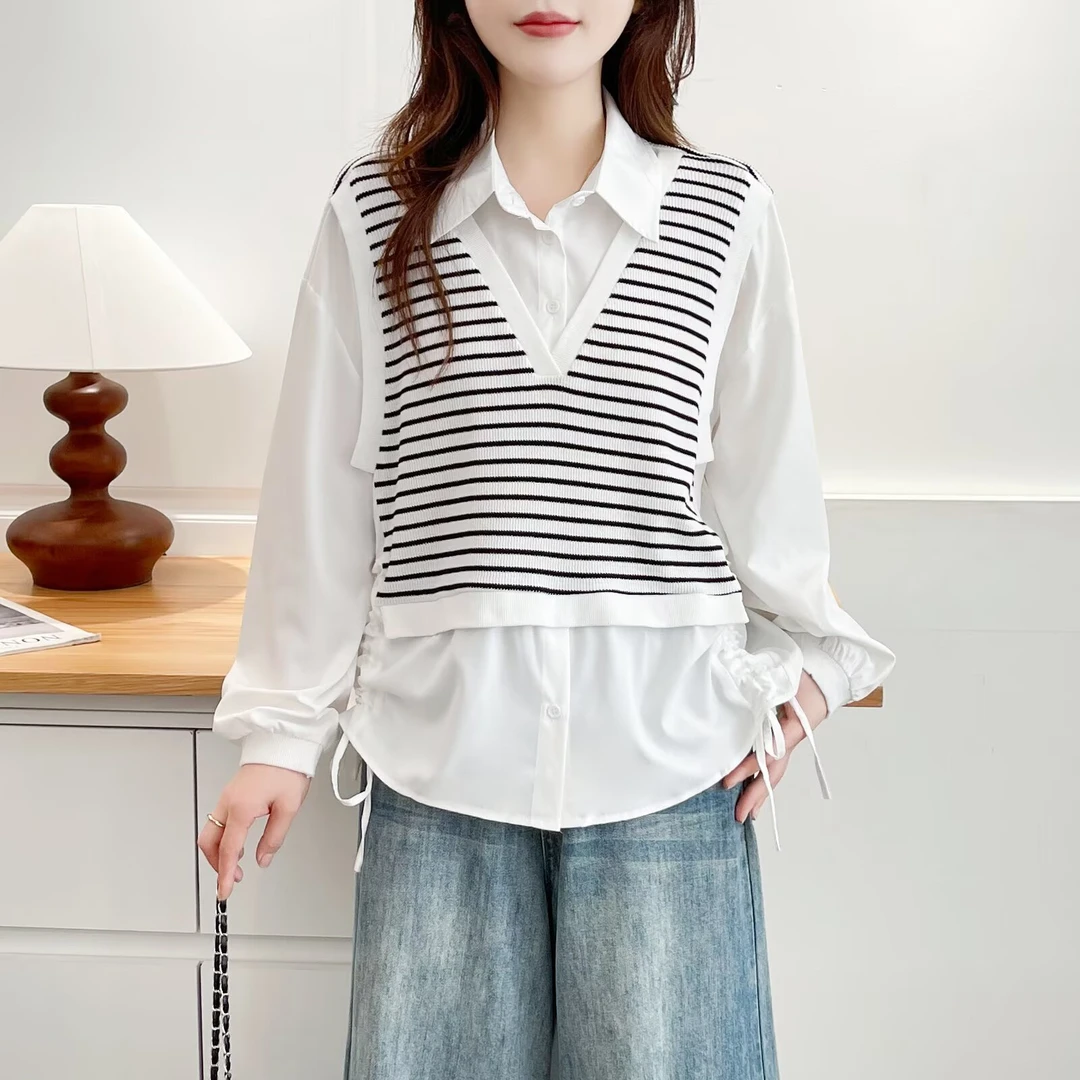 大码假两件条纹衬衫女秋装2025年新款设计感针织拼接抽绳长袖上衣