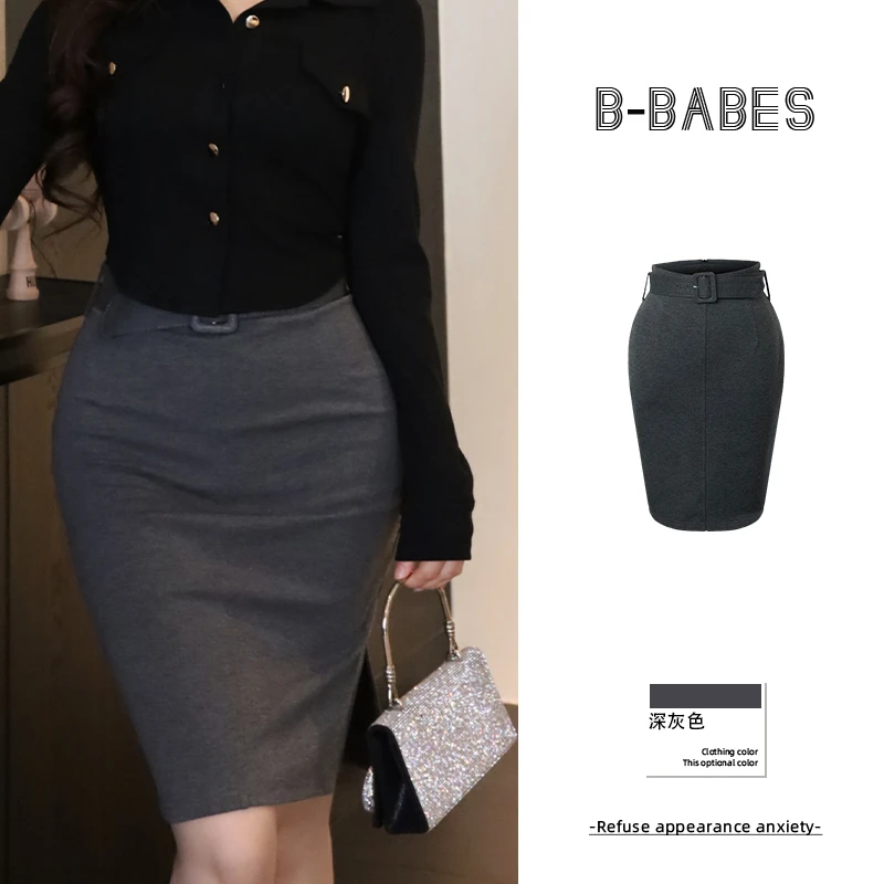 B-babes【纤细腰身】简约欧美秋冬高腰显瘦中长裙一步开叉包臀裙