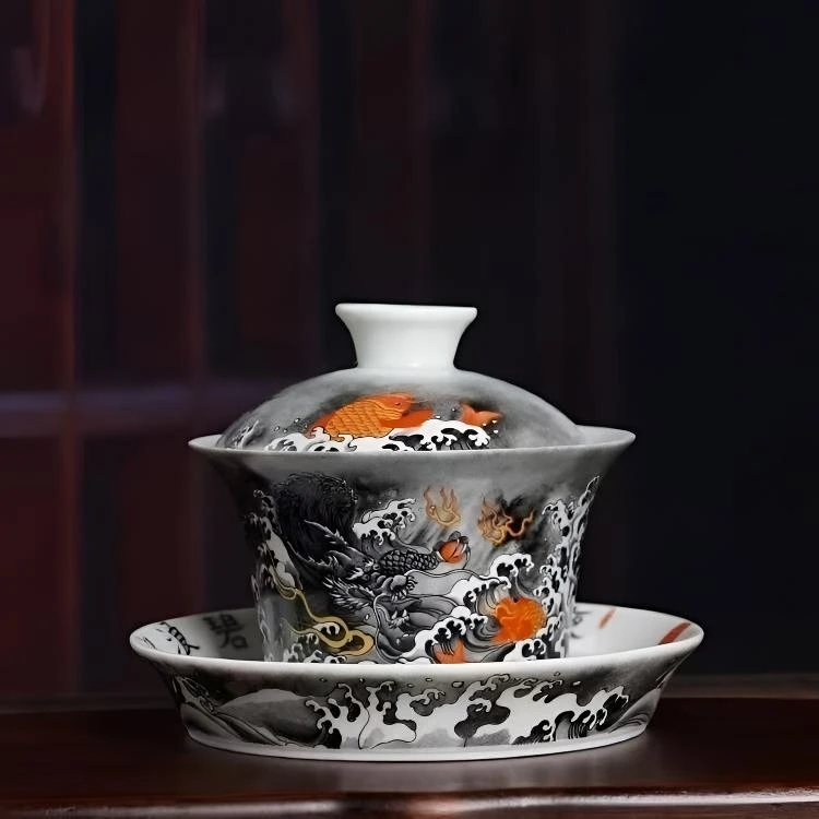 景德镇高温釉下墨彩鱼化龙马蹄三才盖碗高档复古家用陶瓷大容量