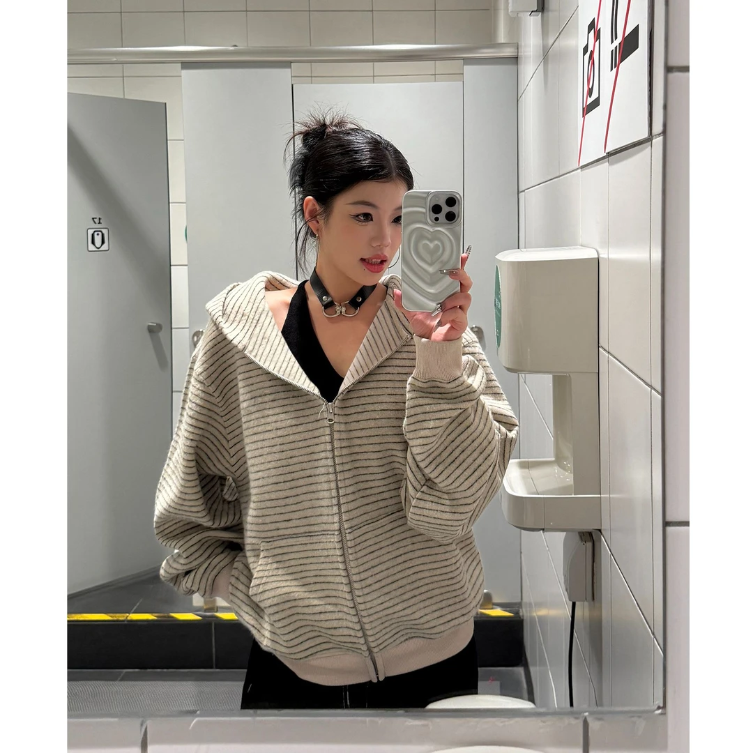 美式复古韩系连帽卫衣外套男女秋季慵懒宽松条纹撞色开衫百搭上衣