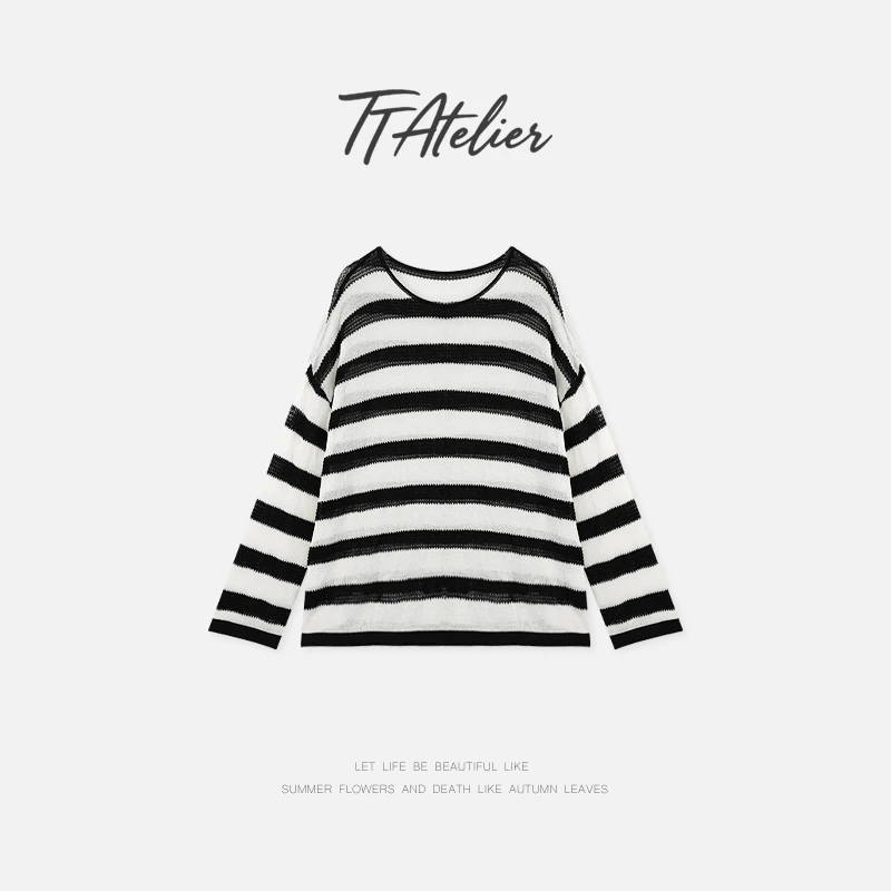 TT设计师【相间】日系高级感真丝棉混纺慵懒感条纹长袖T恤TT190534