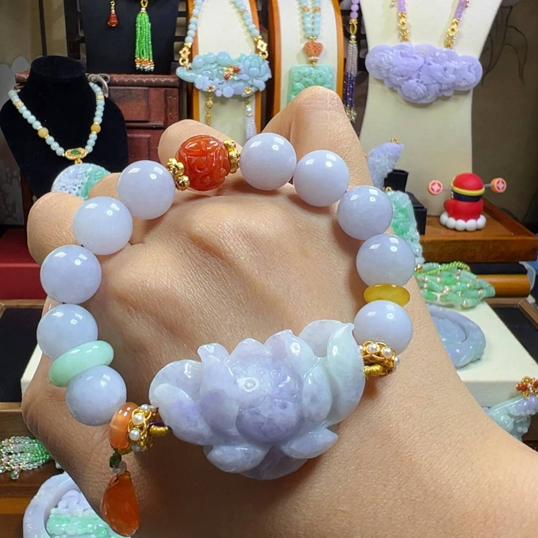 翡翠未镶嵌颈饰冰紫莲花手串