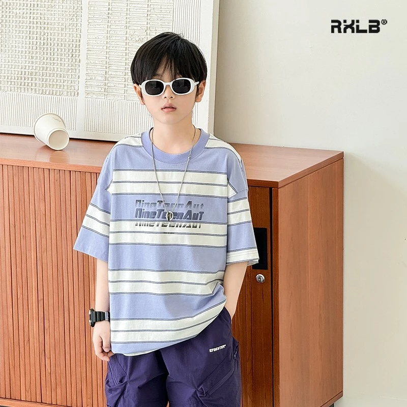 Y8687男童夏装2025新款儿童装紫色条纹短袖T恤衫中大童半袖圆领