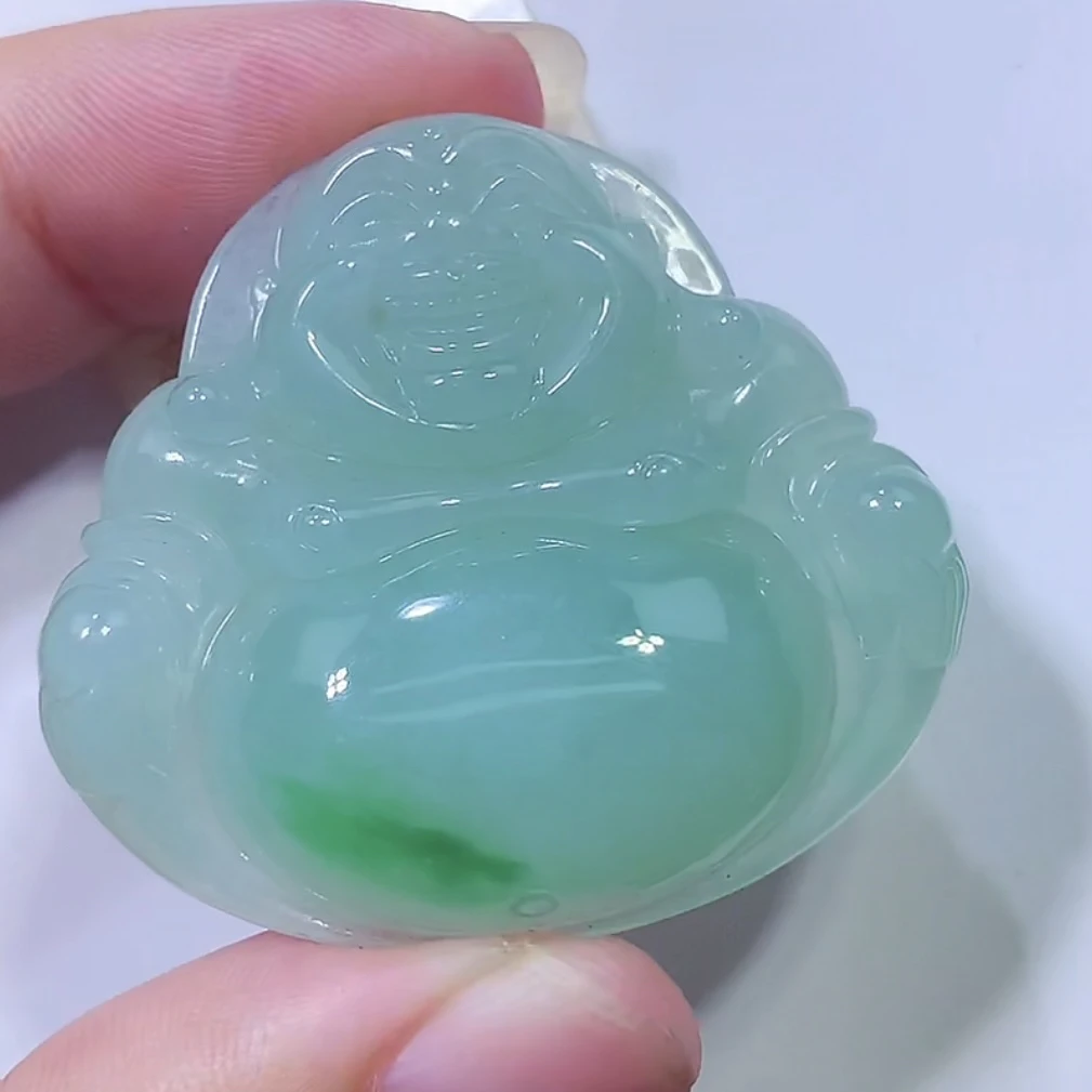 缅甸天然A货翡翠冰种起胶飘绿佛公吊坠