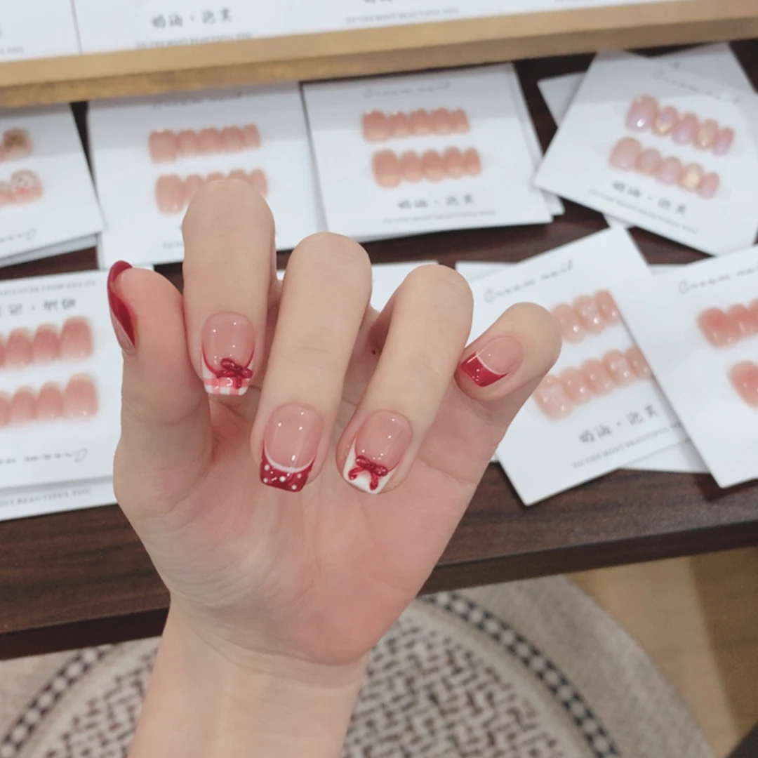 【红丝绒】纯手工穿戴甲 可拆卸手工美甲 法式立体蝴蝶结