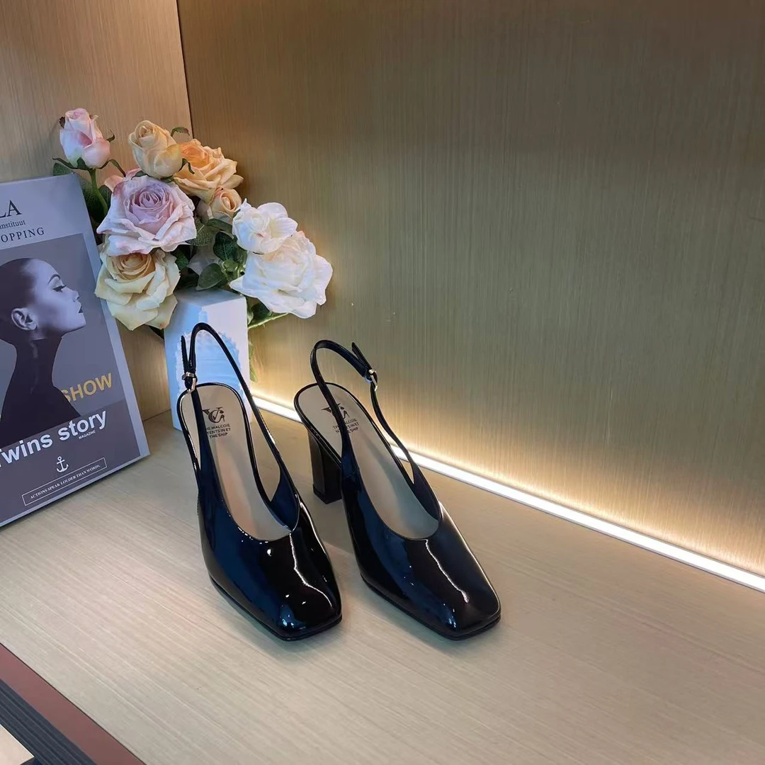 980【黑色】夏季新款小方头百搭舒适纯手工高跟凉鞋F【6cm】