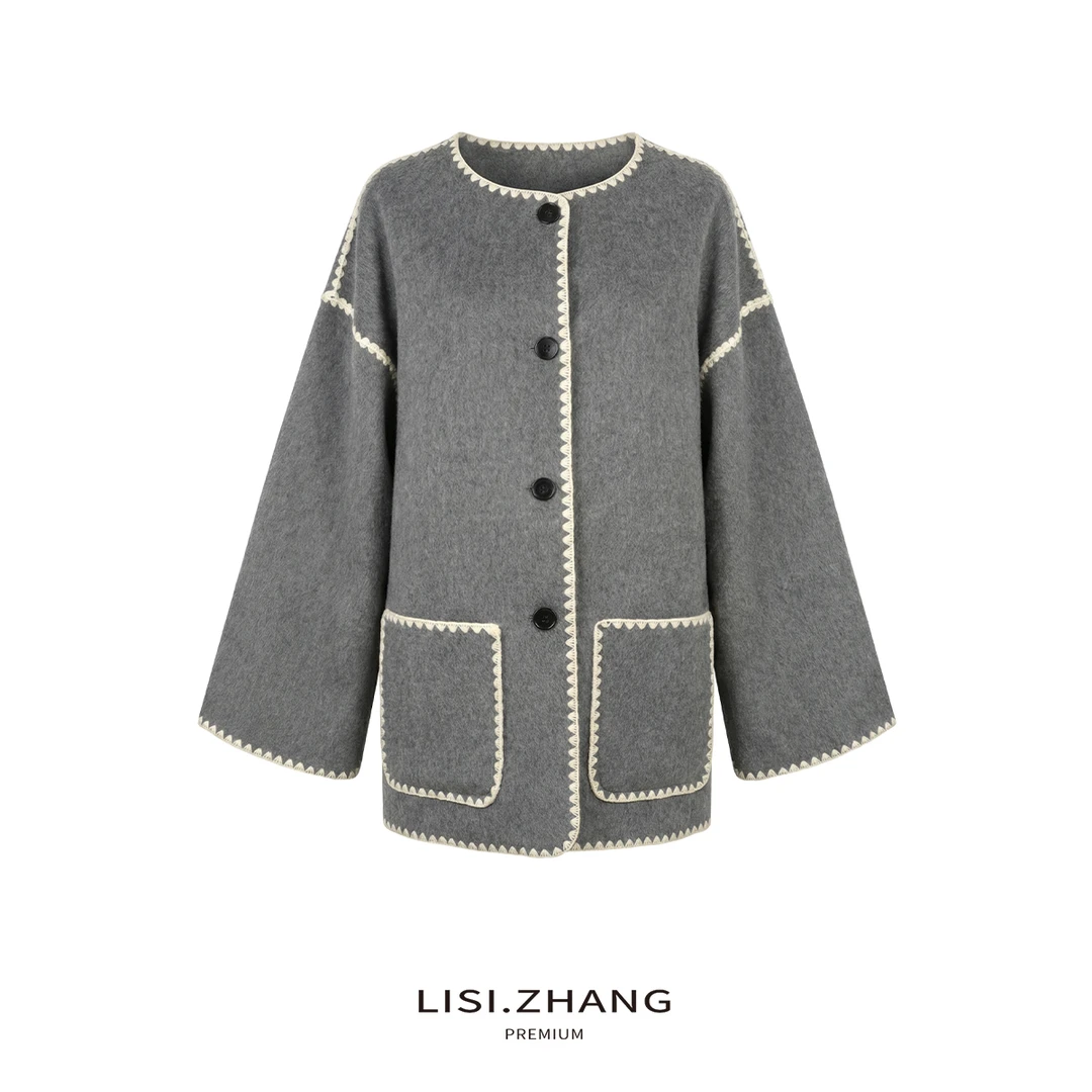 LISI.ZHANG--【驼绒桑蚕丝毛呢外套】特种绣撞色边中长款宽松外套