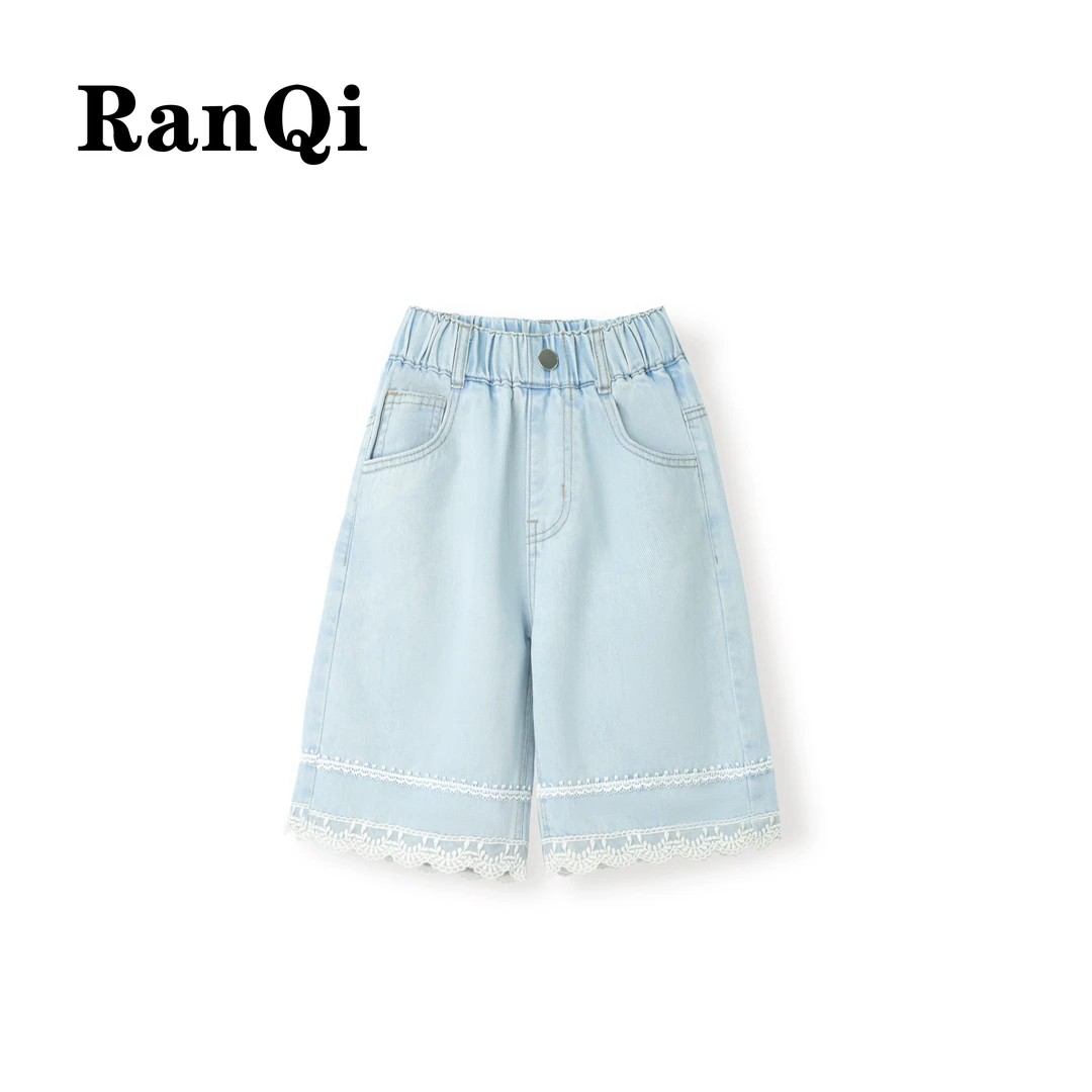 女童夏季牛仔裤2025夏季新款蕾丝花边款中大童百搭牛仔五分裤A067