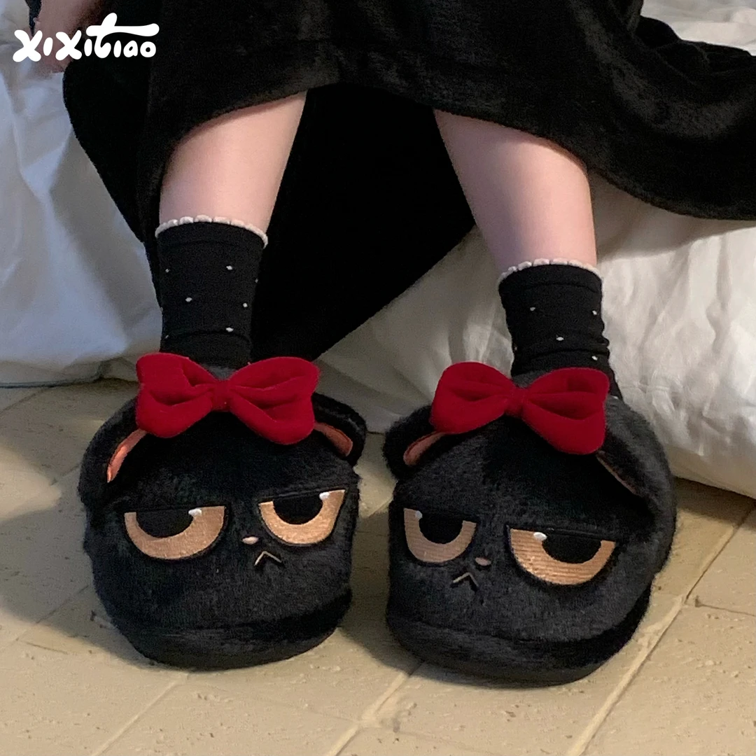 细细条 蝴蝶结生气小黑猫棉拖鞋女冬个性家居防滑少女心毛毛鞋ins
