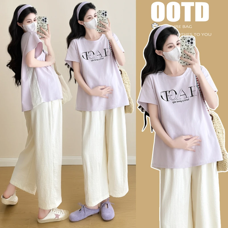 2025品质孕妇装夏季新款大码短袖拼接蕾丝时尚上衣潮妈