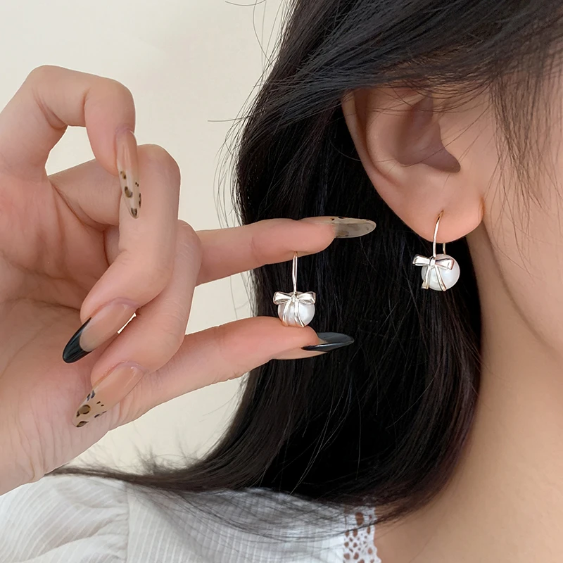 925银仿珍珠耳饰 纯银蝴蝶结耳环气质小众设计感精致ins耳挂甜美