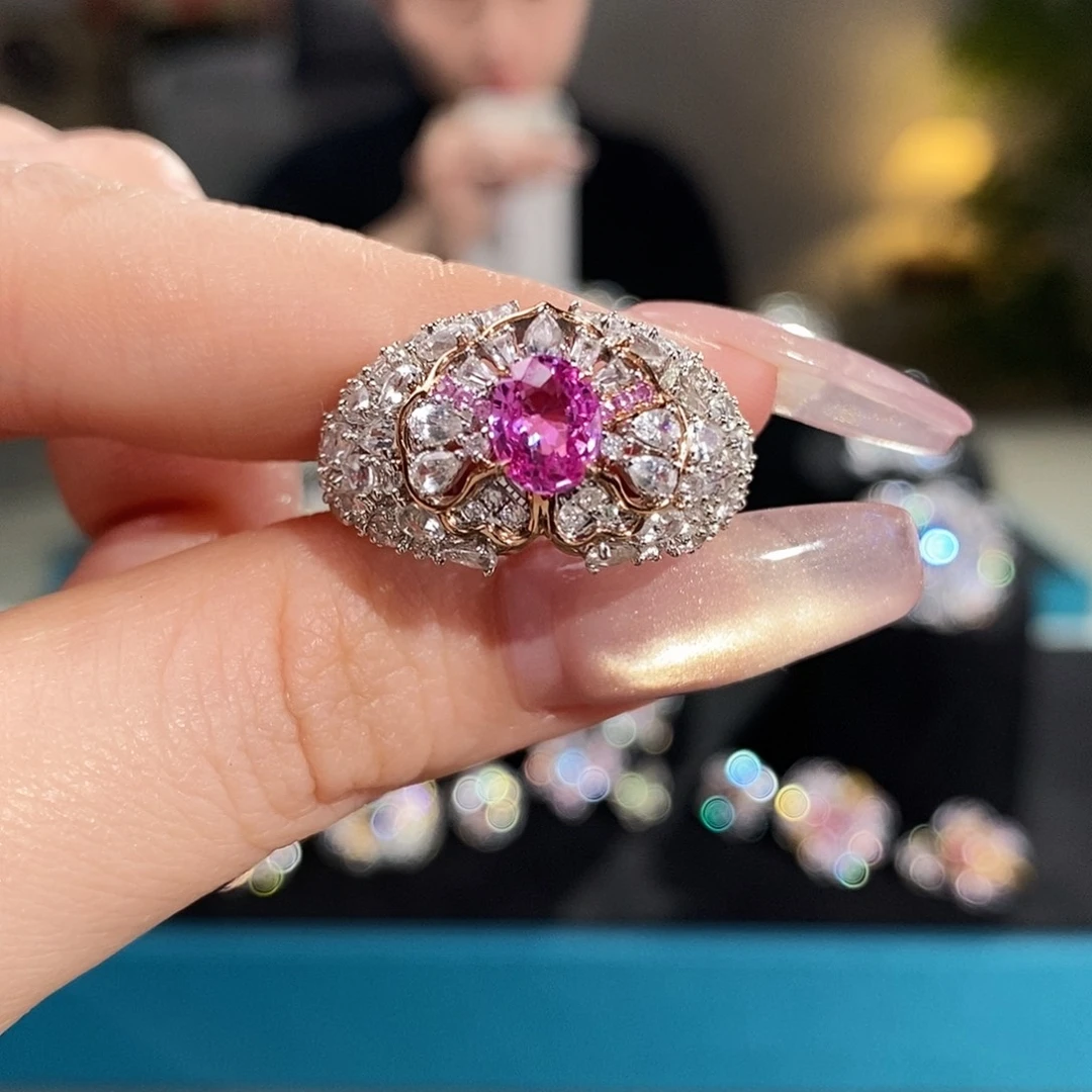 彩色蓝宝石18K金镶嵌戒指1.025ct无烧帕帕拉恰