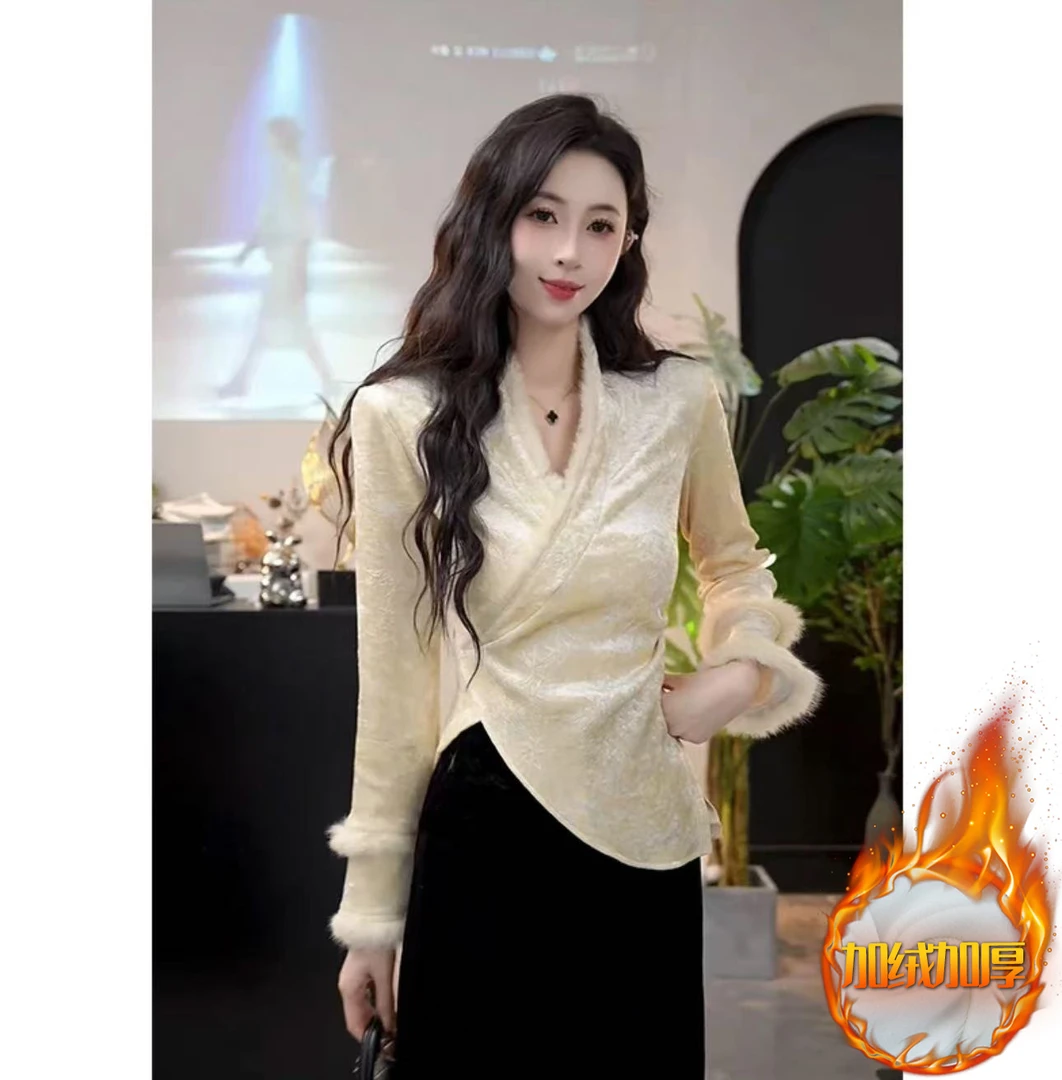 【加绒加厚】秋冬新中式压花丝绒打底衫复古时尚百搭气质休闲上衣女