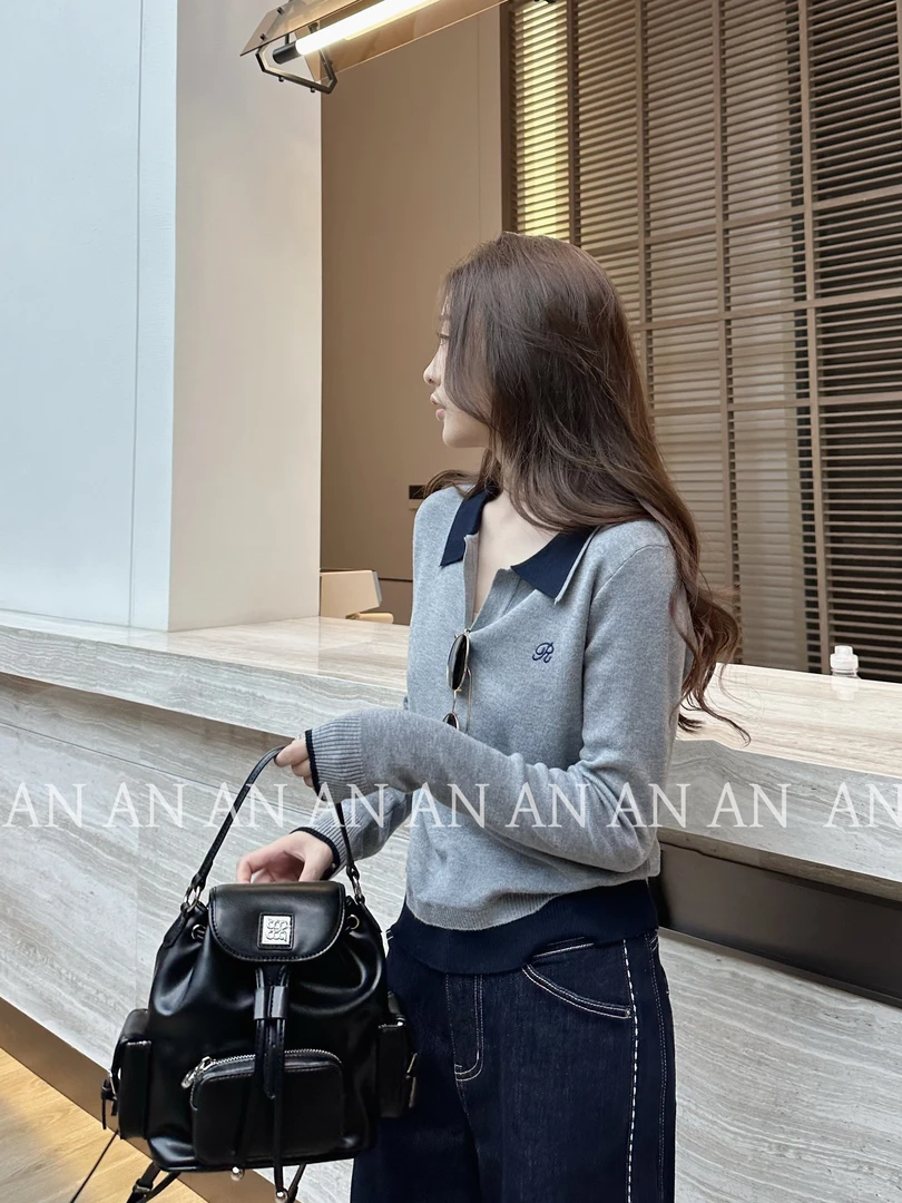 C07219早秋新款减龄宽松休闲风POLO领刺绣长袖针织衫