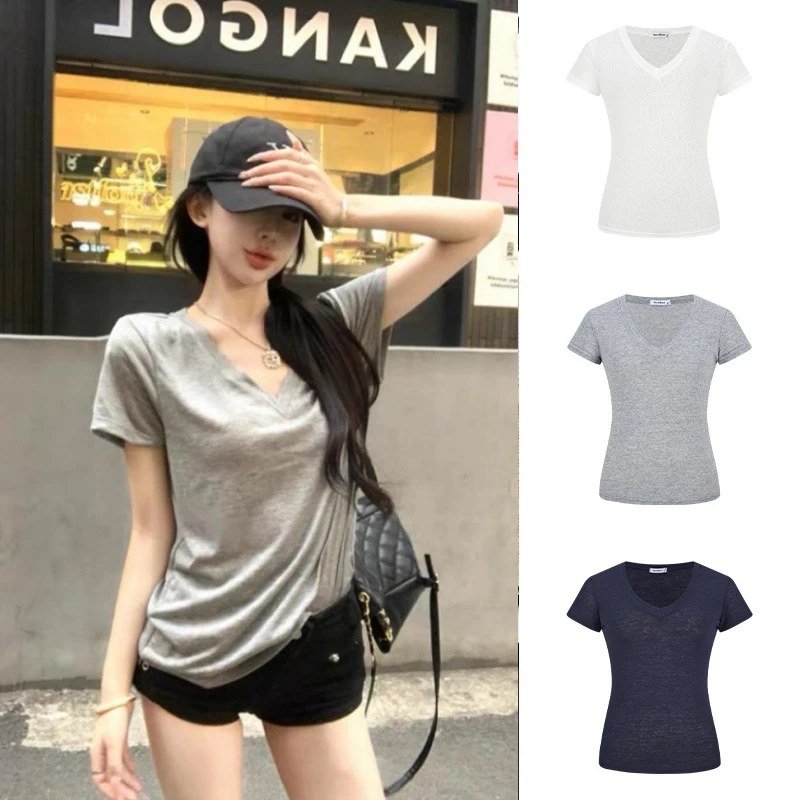 【现货专属】62983夏日呼吸感 V领微透正肩短袖T恤慵懒风上衣
