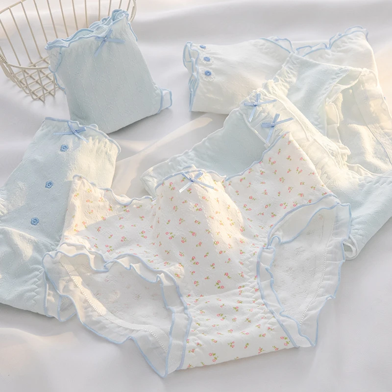 清新蓝系甜美内裤纯棉女士A类棉10A抗菌裆透气中腰包臀少女三角裤