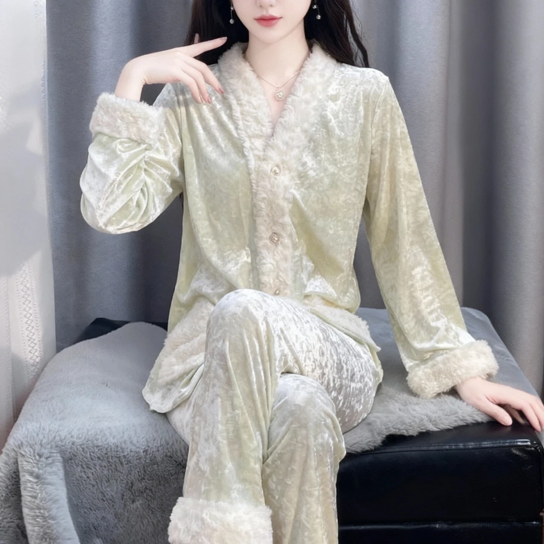 tpvl旗舰正品羊羔绒毛边睡衣女秋冬款保暖家居服长袖套装2025新款