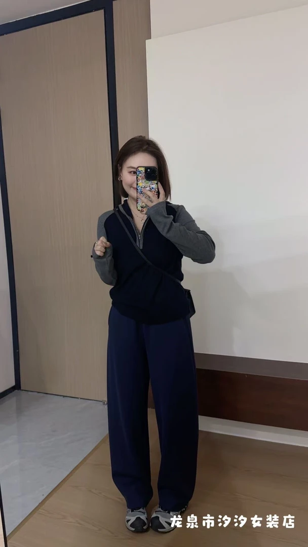 【汐汐女装二店】小个子定制半拉链连帽圆领拼色套头帽衫 9202