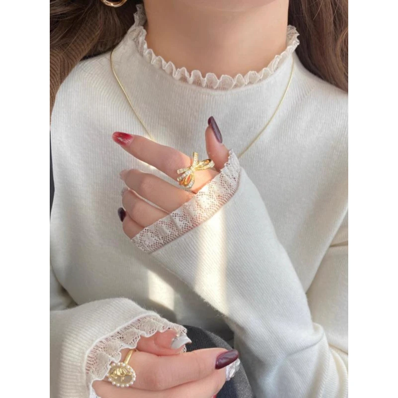 针织毛针织衫灰色蕾丝半高领毛衣半高领百搭蕾丝春秋显瘦气质长袖