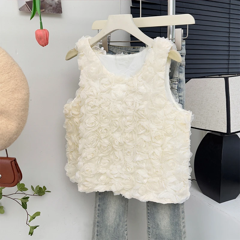 抖音网红法式设计感立体玫瑰花无袖上衣2025夏设计感小众百搭背心