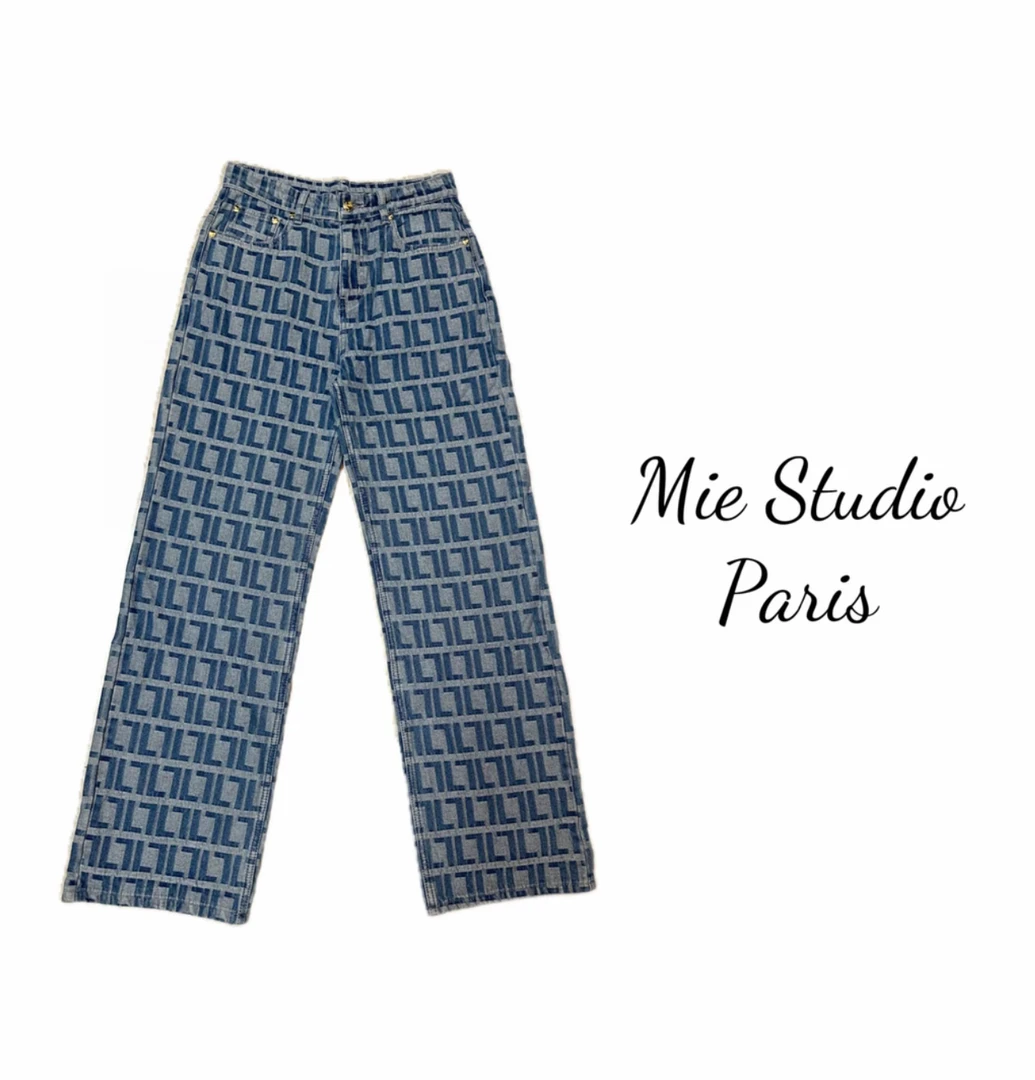 【雅】F满印提花蓝色直筒牛仔裤（#6895 #8137）