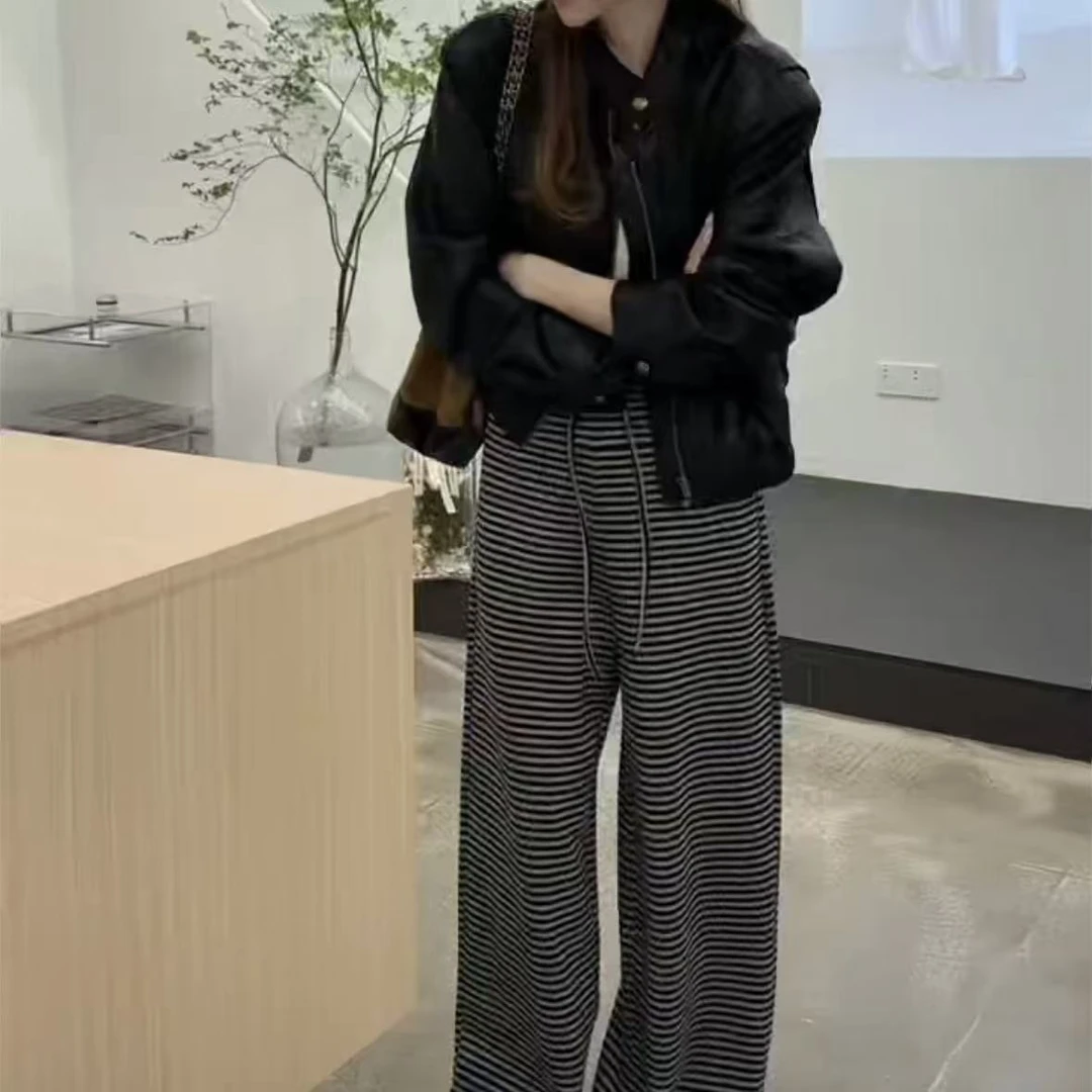 新款韩系宽松显瘦外套条纹直筒休闲阔腿裤女装