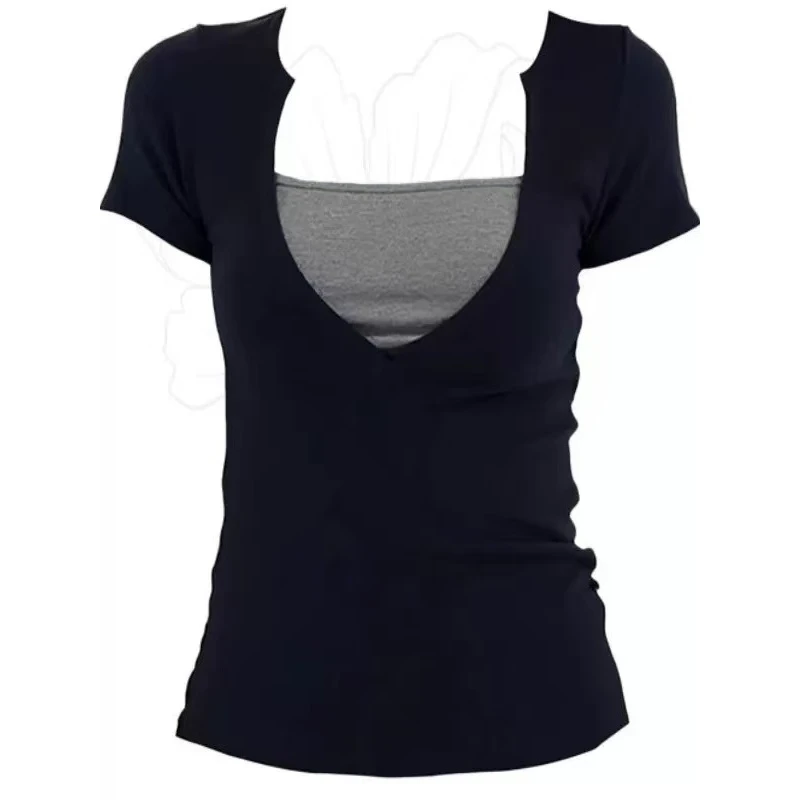 麦麦家 美式辣妹拼色复古v领假两件正肩