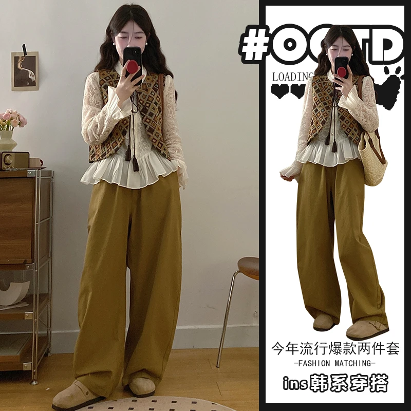 休闲套装女春夏新款复古气质蕾丝衬衫+马甲背心+阔腿裤洋气三件套