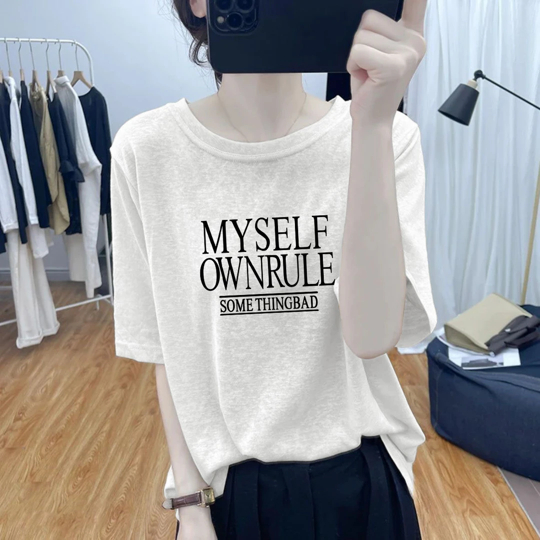 夏季百搭短袖薄款雪花棉字母印花2025新款t恤女休闲圆领大码上衣