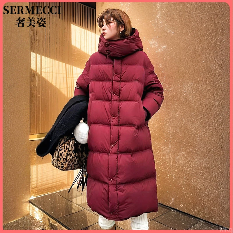 2025年冬季红色洋气减龄长款直筒连帽保暖显气质羽绒服大衣外套女