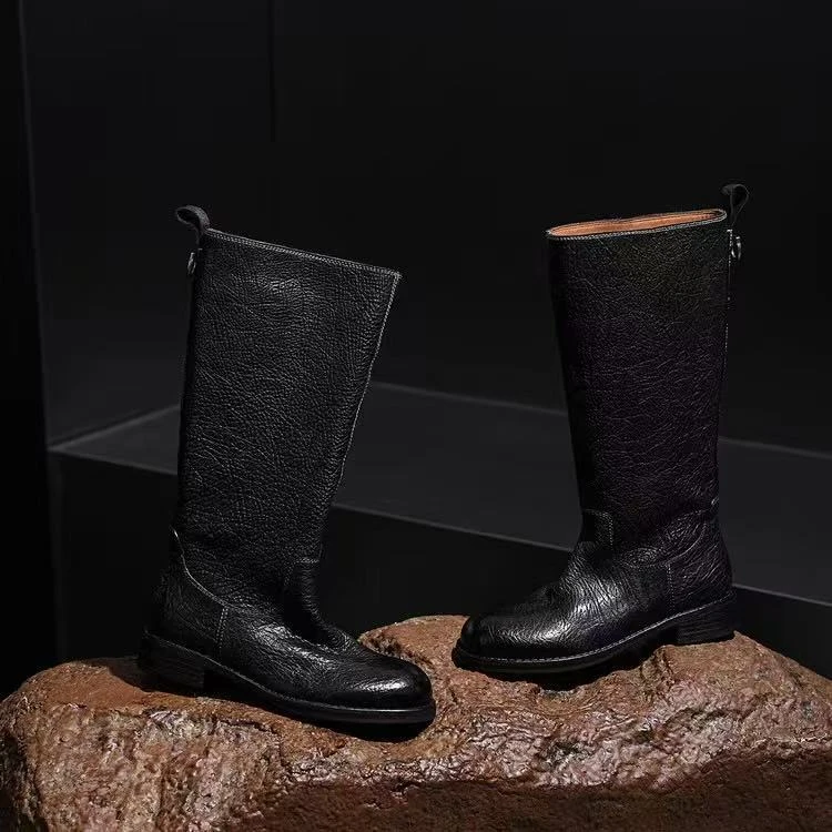 高档舒适时尚新款复古风水洗缩纹马皮真皮鞋底高品质里外全皮长靴