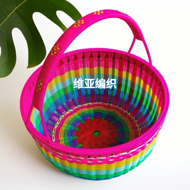 彩虹圆篮子藤编藤条编织漂亮结实家用手提篮子藤编买菜篮子拜拜篮