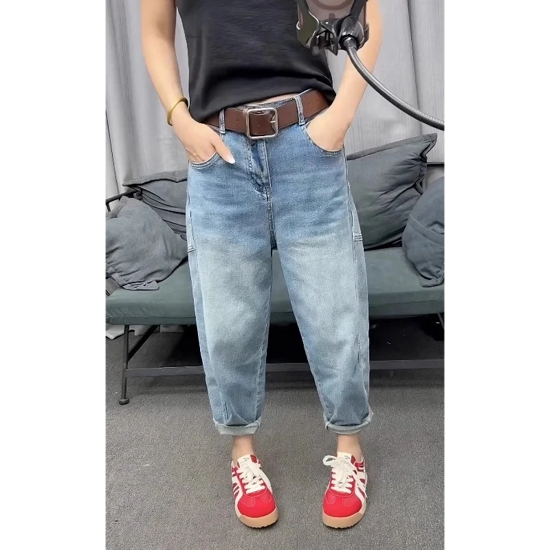 夏季新款大码女牛仔裤高腰显瘦梨形身材九分裤弹力百搭哈伦老爹裤