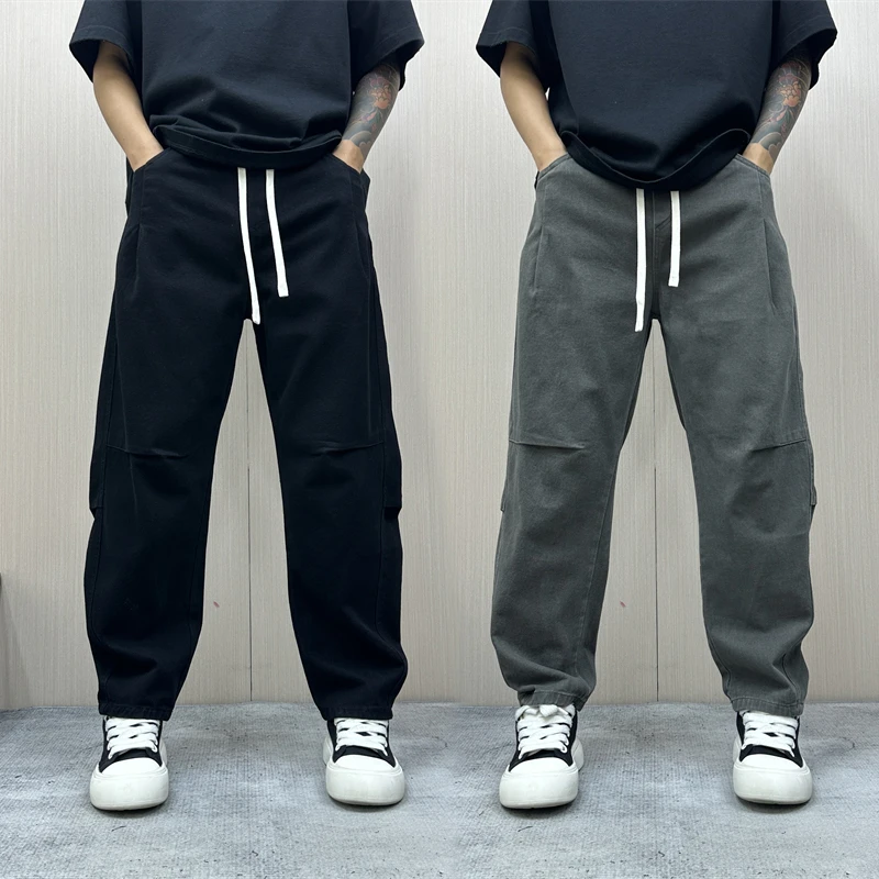 昊Studio冬季男士加厚高街裤潮流百搭水洗运动直筒宽松纯色休闲裤